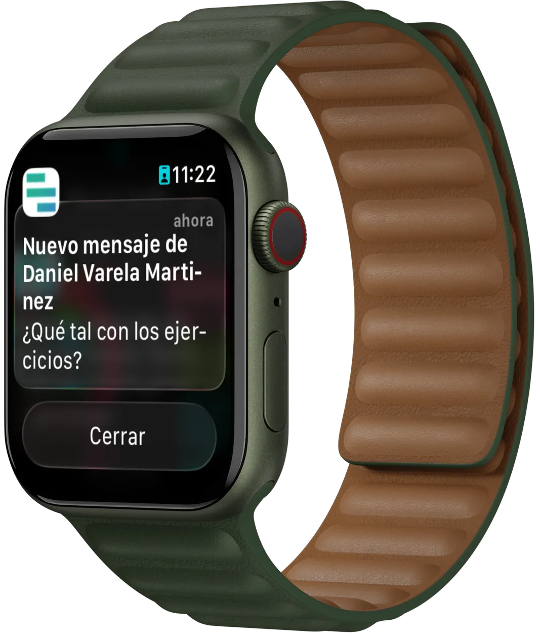 Aviso de un mensaje nuevo del fisioterapeuta en el reloj de un paciente, en una demostración de Salunox