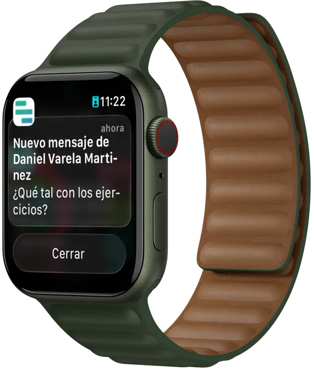 Aviso de un mensaje nuevo del fisioterapeuta en el reloj de un paciente, en una demostración de Salunox