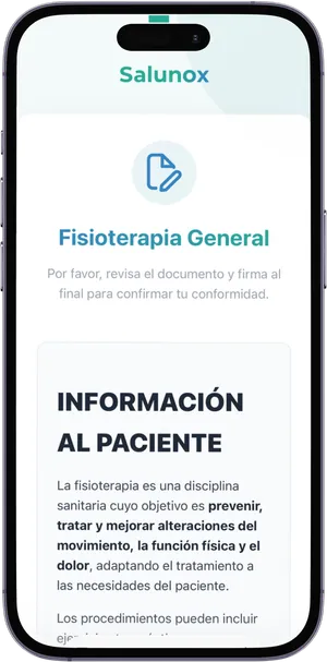 Consentimiento informado de fisioterapia en la app del paciente de Salunox