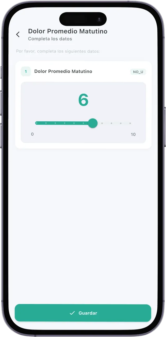 Registro del dolor de 0 a 10 en la app del paciente de Salunox