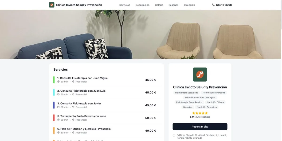 Perfil público de la Clínica Invicto en Salunox con sus servicios, precios y valoración de Google