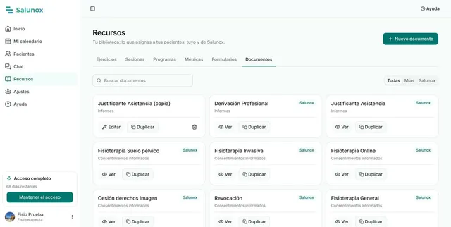Biblioteca de consentimientos y documentos de Salunox: fisioterapia general, invasiva, suelo pélvico, online, cesión de imagen y revocación
