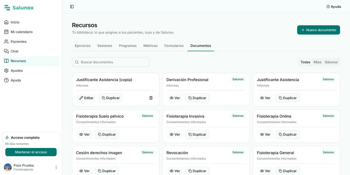 Biblioteca de documentos y consentimientos de Salunox
