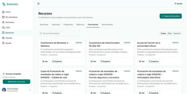 Biblioteca de cuestionarios de Salunox con EQ-5D, HAGOS y la escala de función de la extremidad inferior