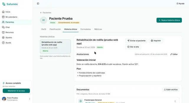 Historia clínica de un paciente de prueba en Salunox con valoración inicial, plan y documentos