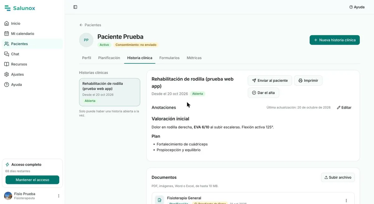 Historia clínica de un paciente de prueba en Salunox con valoración inicial, plan y documentos