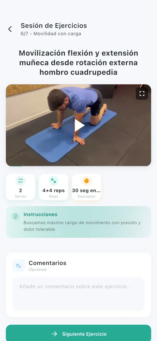Sesión de ejercicios con vídeo, series, repeticiones e instrucciones en la app del paciente de Salunox